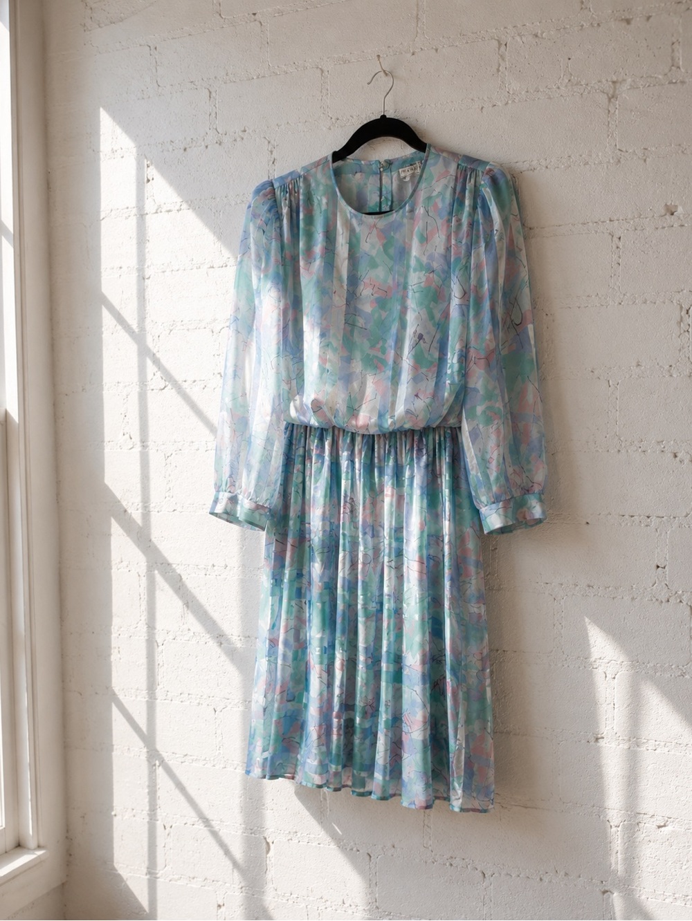 Vintage 80s Marinette Abstract Pastel Satin Sheer Pleated Midi Dress USA Size 12